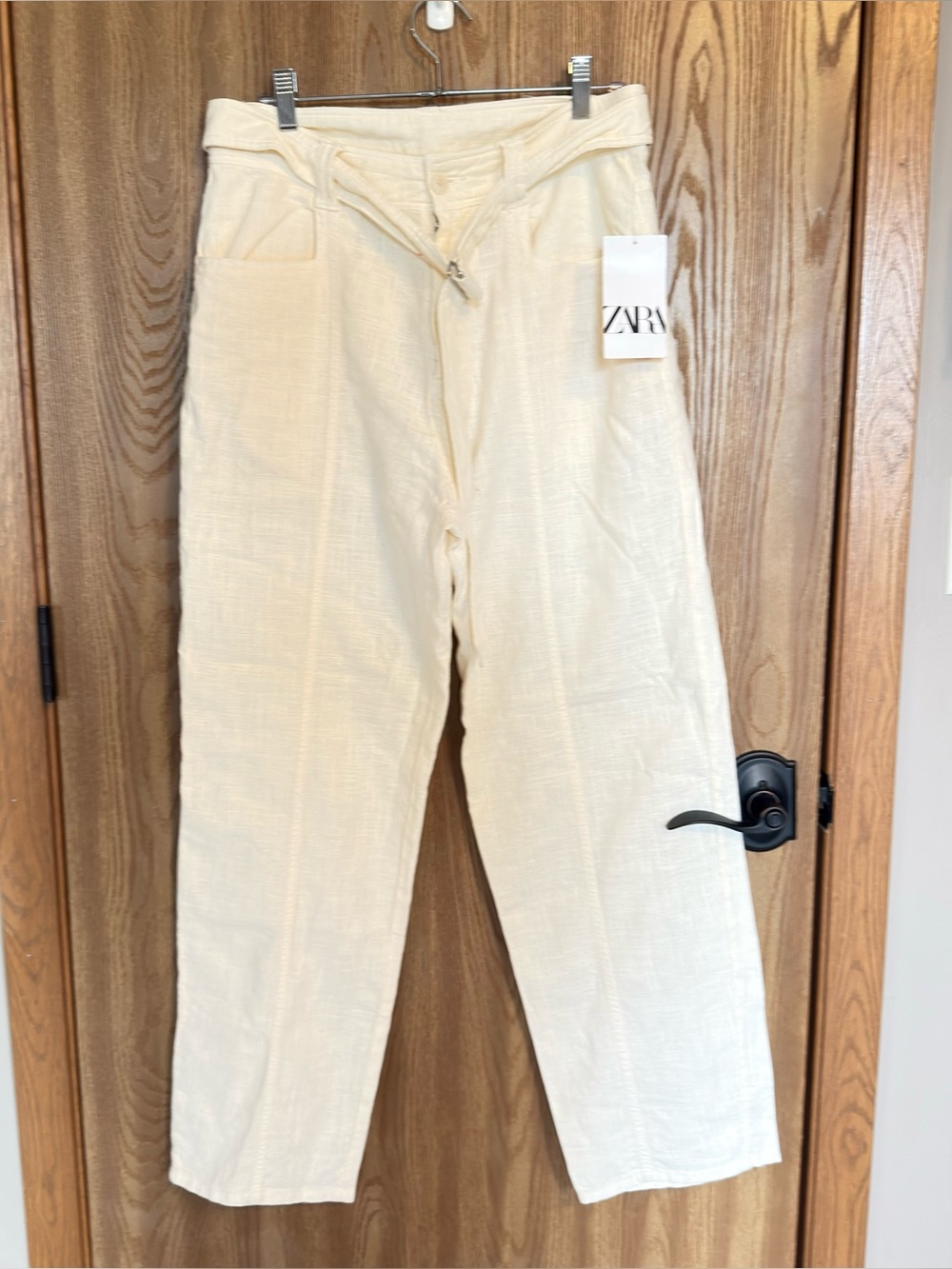 ZARA Cream Straight-Leg Textured Trousers